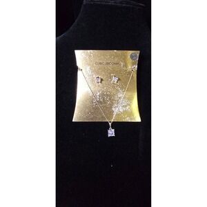 Cubic Zirconia Necklace and Earring Set Rose Gold Tone Square Pendant Studs